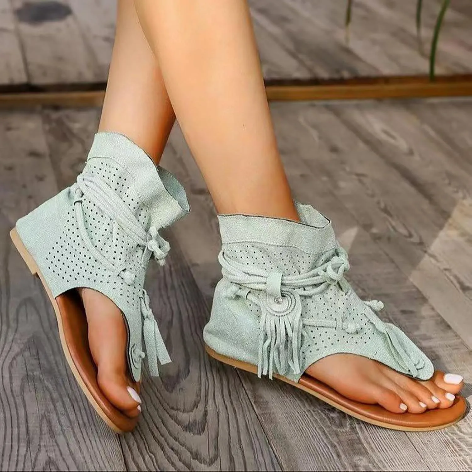 Women's Tassel Gladiator Flip Flops Sandals,Summer Retro Bohemian T-Strap Roman Open-Toe Sandals Casual Beach Flat Clip Toe Ankle Boots