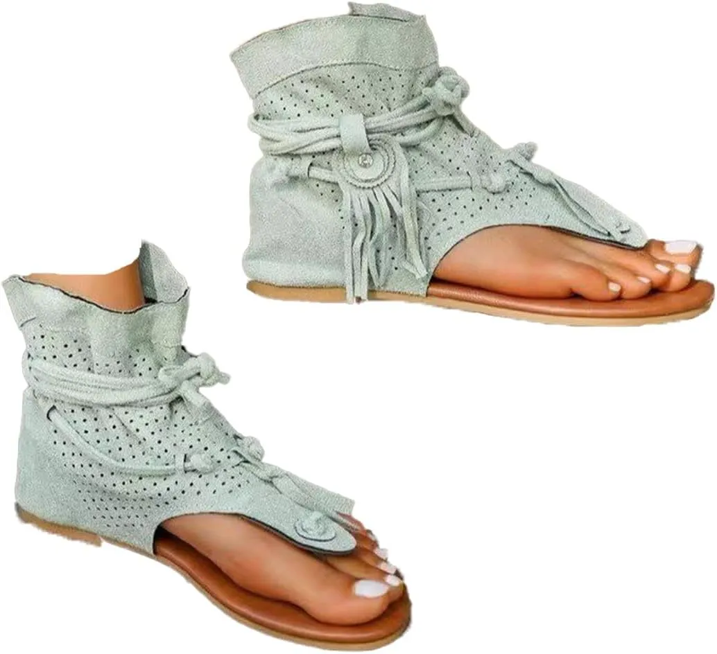 Women's Tassel Gladiator Flip Flops Sandals,Summer Retro Bohemian T-Strap Roman Open-Toe Sandals Casual Beach Flat Clip Toe Ankle Boots