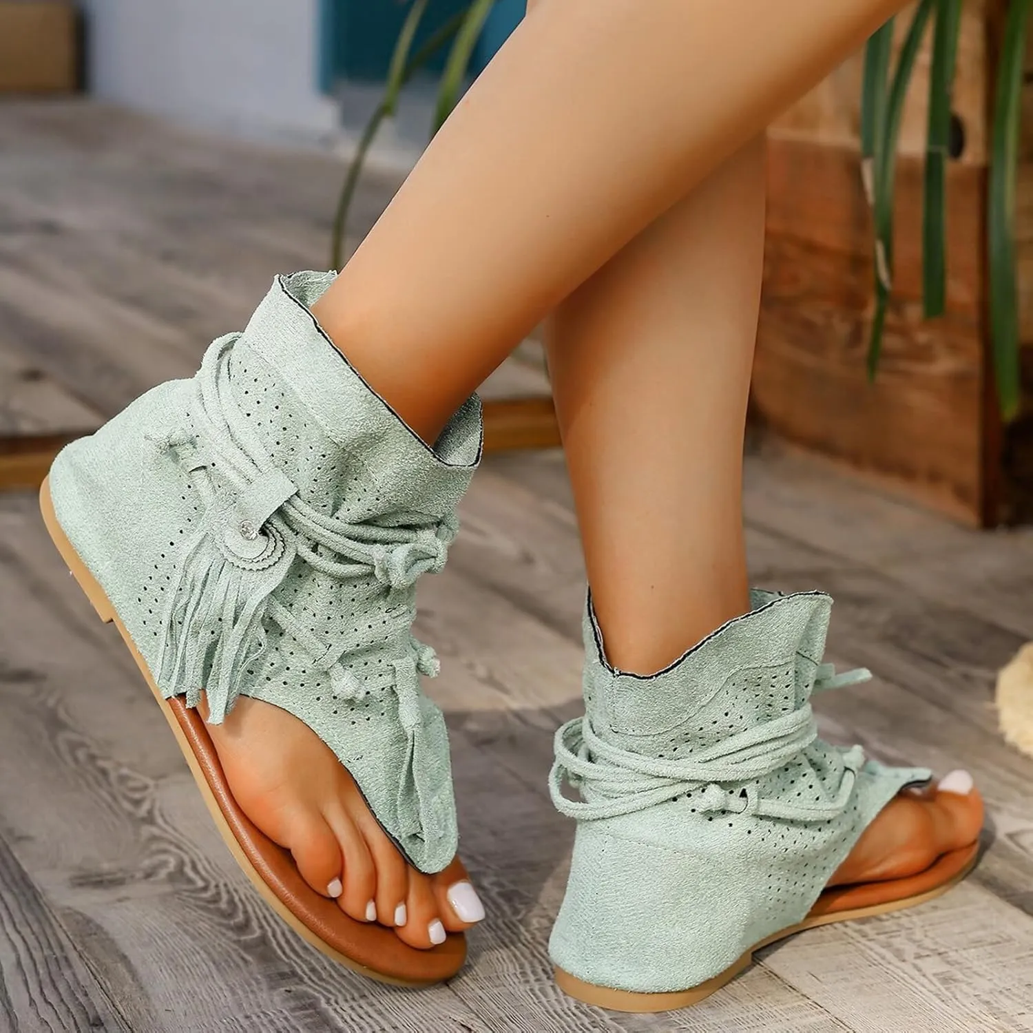 Women's Tassel Gladiator Flip Flops Sandals,Summer Retro Bohemian T-Strap Roman Open-Toe Sandals Casual Beach Flat Clip Toe Ankle Boots