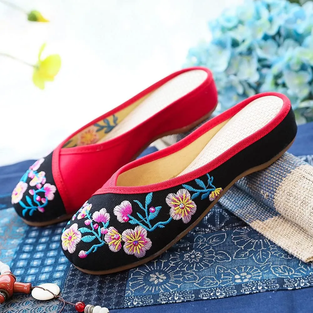 Women's Traditional Embroidery Flower Flats Backless Mules Comfortable Flats Round Toe Loafers Chinese Style Canvas Slippers