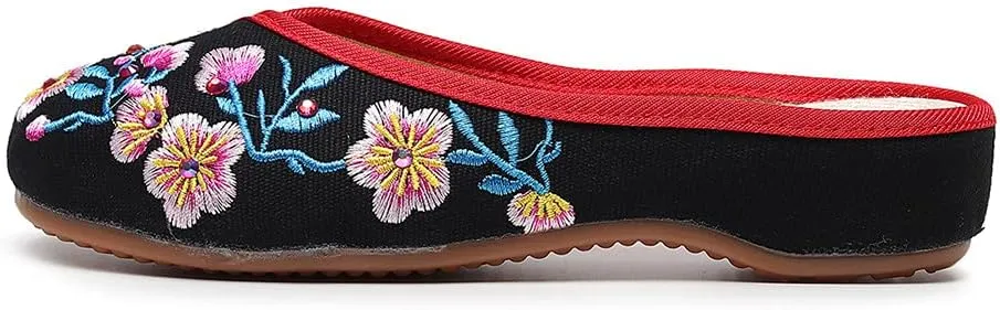 Women's Traditional Embroidery Flower Flats Backless Mules Comfortable Flats Round Toe Loafers Chinese Style Canvas Slippers