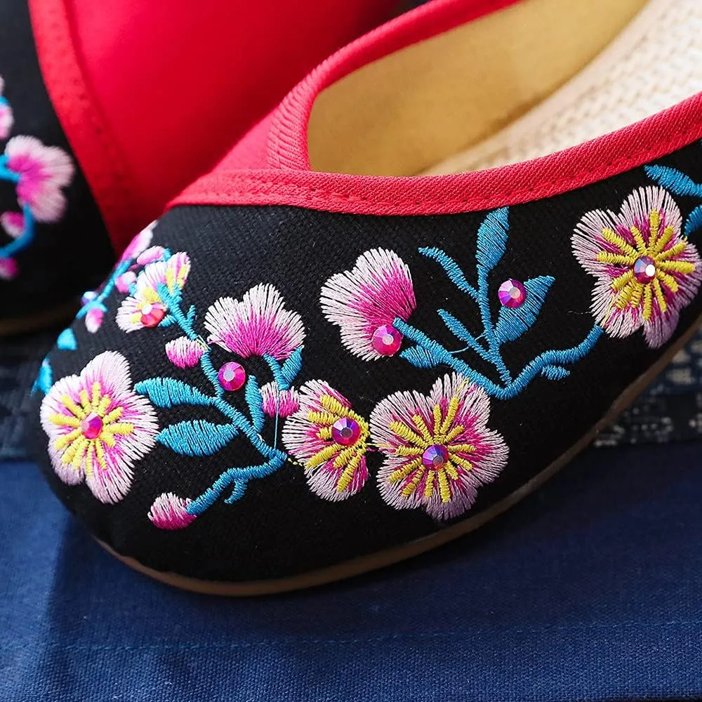 Women's Traditional Embroidery Flower Flats Backless Mules Comfortable Flats Round Toe Loafers Chinese Style Canvas Slippers