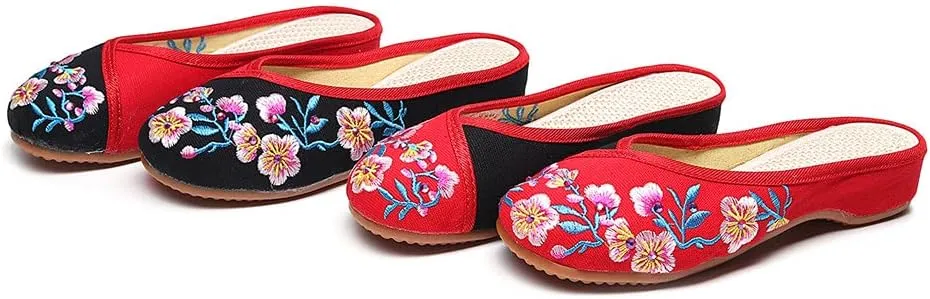 Women's Traditional Embroidery Flower Flats Backless Mules Comfortable Flats Round Toe Loafers Chinese Style Canvas Slippers