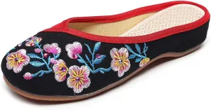 Women's Traditional Embroidery Flower Flats Backless Mules Comfortable Flats Round Toe Loafers Chinese Style Canvas Slippers