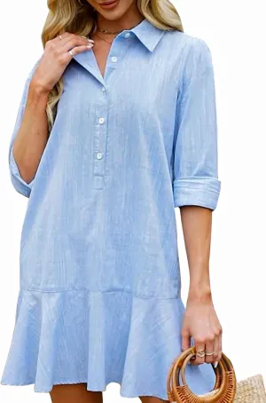 Women‘s Tunic Shirt Mini Dress Long Sleeve Cotton Short Dress Button Up Ruffle Hem Shift Dresses