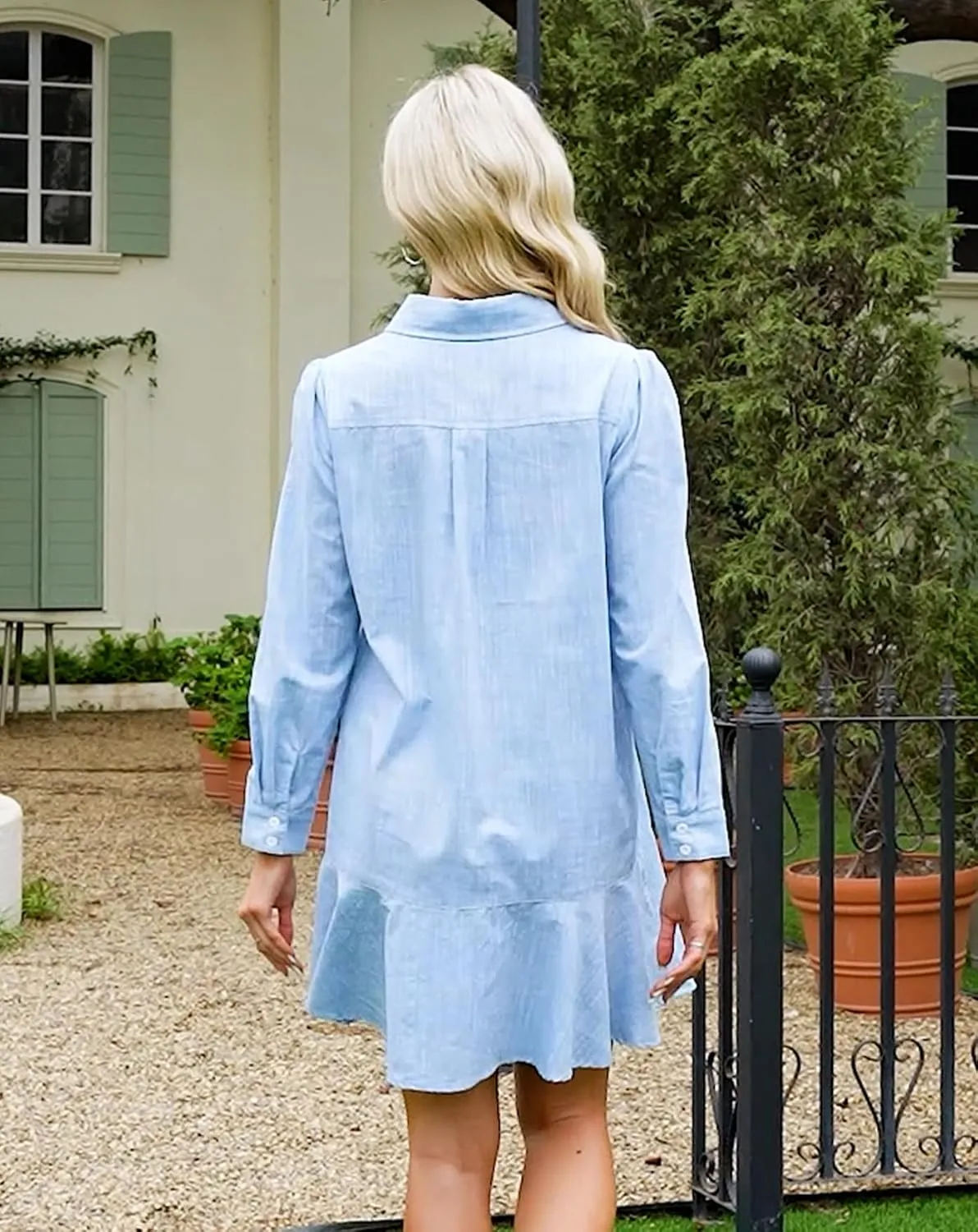 Women‘s Tunic Shirt Mini Dress Long Sleeve Cotton Short Dress Button Up Ruffle Hem Shift Dresses