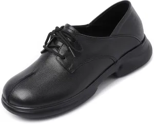 Women's Vintage Leather Platform Lace-up Oxford Shoes,Fashion Round Toe Slip-on Casual Loafers Comfortable Non-Slip Soft Sole Walking Work Shoes