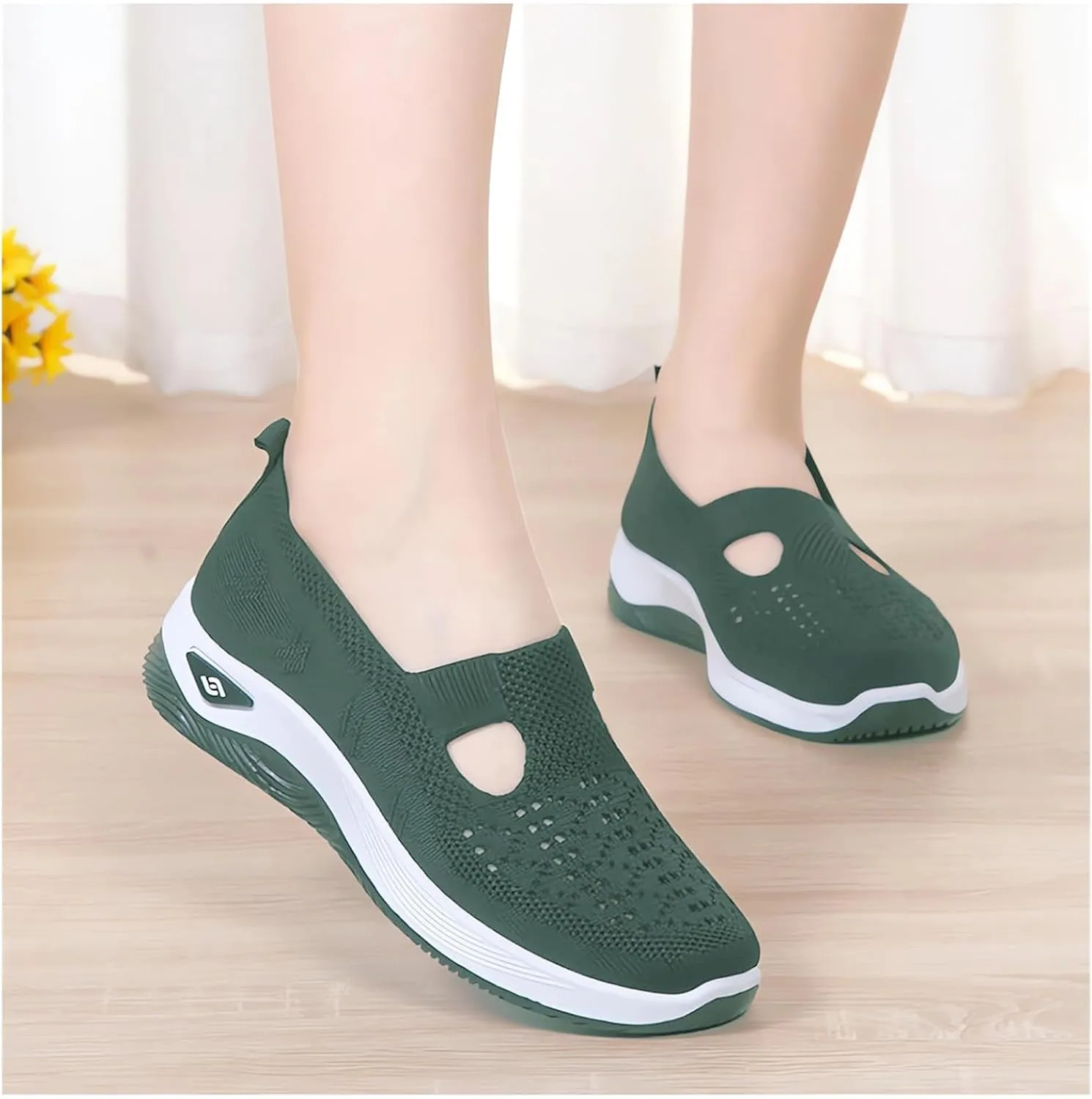 Womens Walking Shoes Woven Orthopedic Breathable Soft Shoe Comfortable Arch Support Sneakers Air Cushion Athletic Shoes Hands Free Slip in Sneaker Mesh Running Trainers Anti-Skid Sports Sneakers