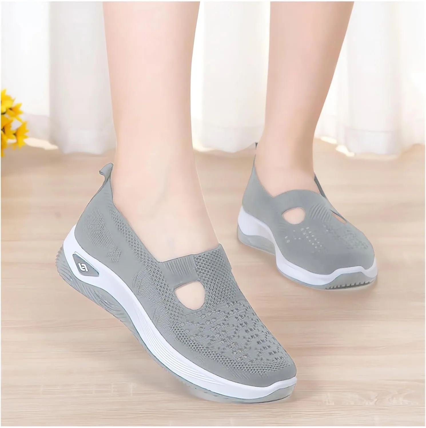 Womens Walking Shoes Woven Orthopedic Breathable Soft Shoe Comfortable Arch Support Sneakers Air Cushion Athletic Shoes Hands Free Slip in Sneaker Mesh Running Trainers Anti-Skid Sports Sneakers