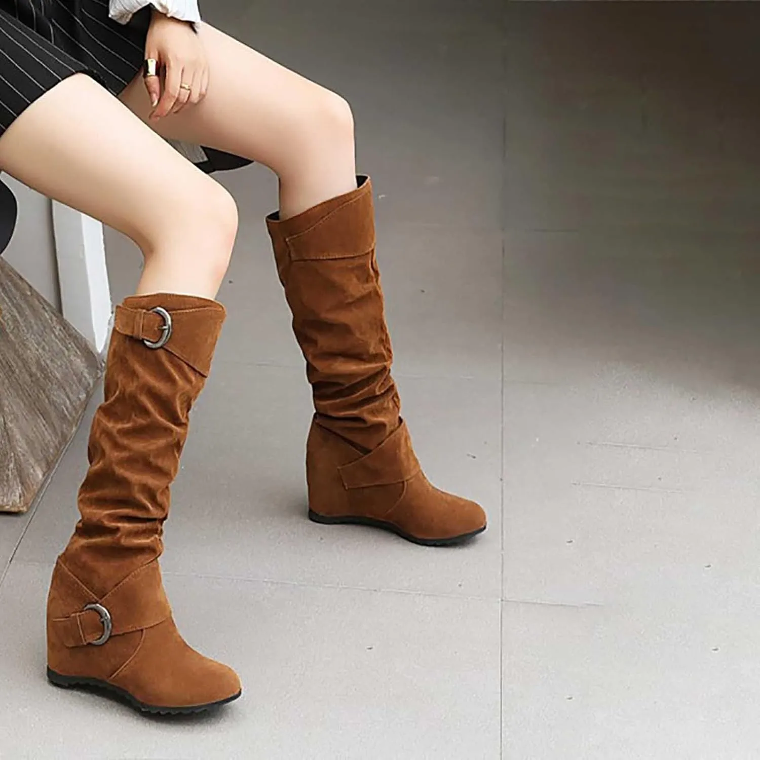 Women's Wedge Heel Knee High Boots High Heel Winter Boots Comfortable Pull on Slouch Buckle Riding Boots