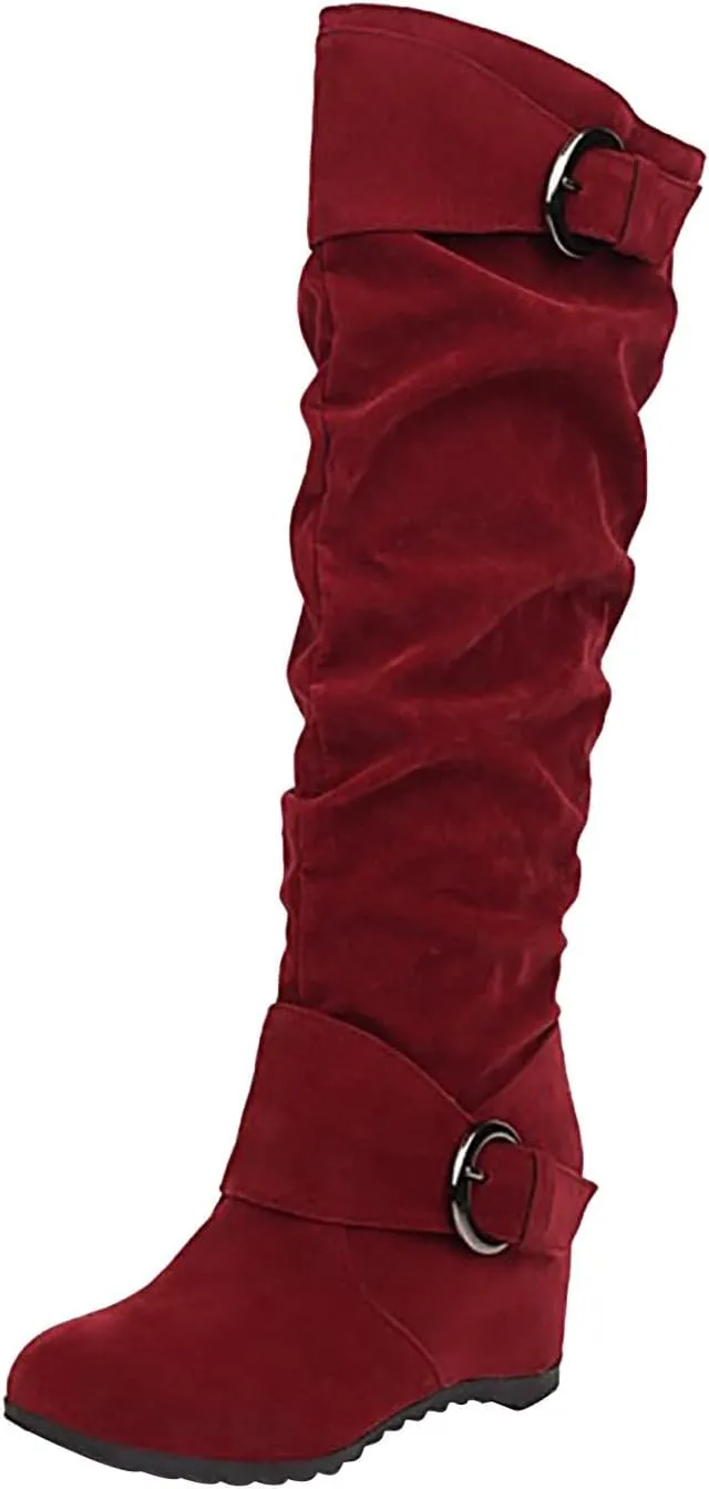 Women's Wedge Heel Knee High Boots High Heel Winter Boots Comfortable Pull on Slouch Buckle Riding Boots