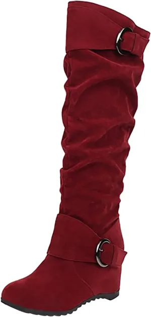 Women's Wedge Heel Knee High Boots High Heel Winter Boots Comfortable Pull on Slouch Buckle Riding Boots