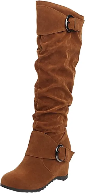 Women's Wedge Heel Knee High Boots High Heel Winter Boots Comfortable Pull on Slouch Buckle Riding Boots