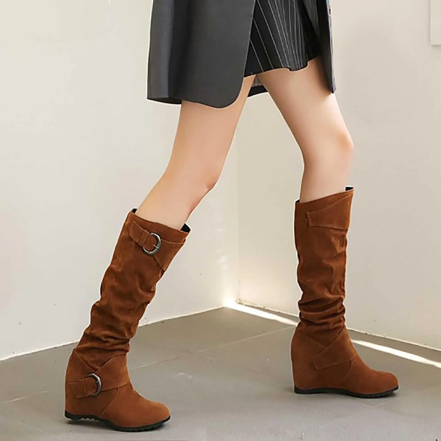Women's Wedge Heel Knee High Boots High Heel Winter Boots Comfortable Pull on Slouch Buckle Riding Boots
