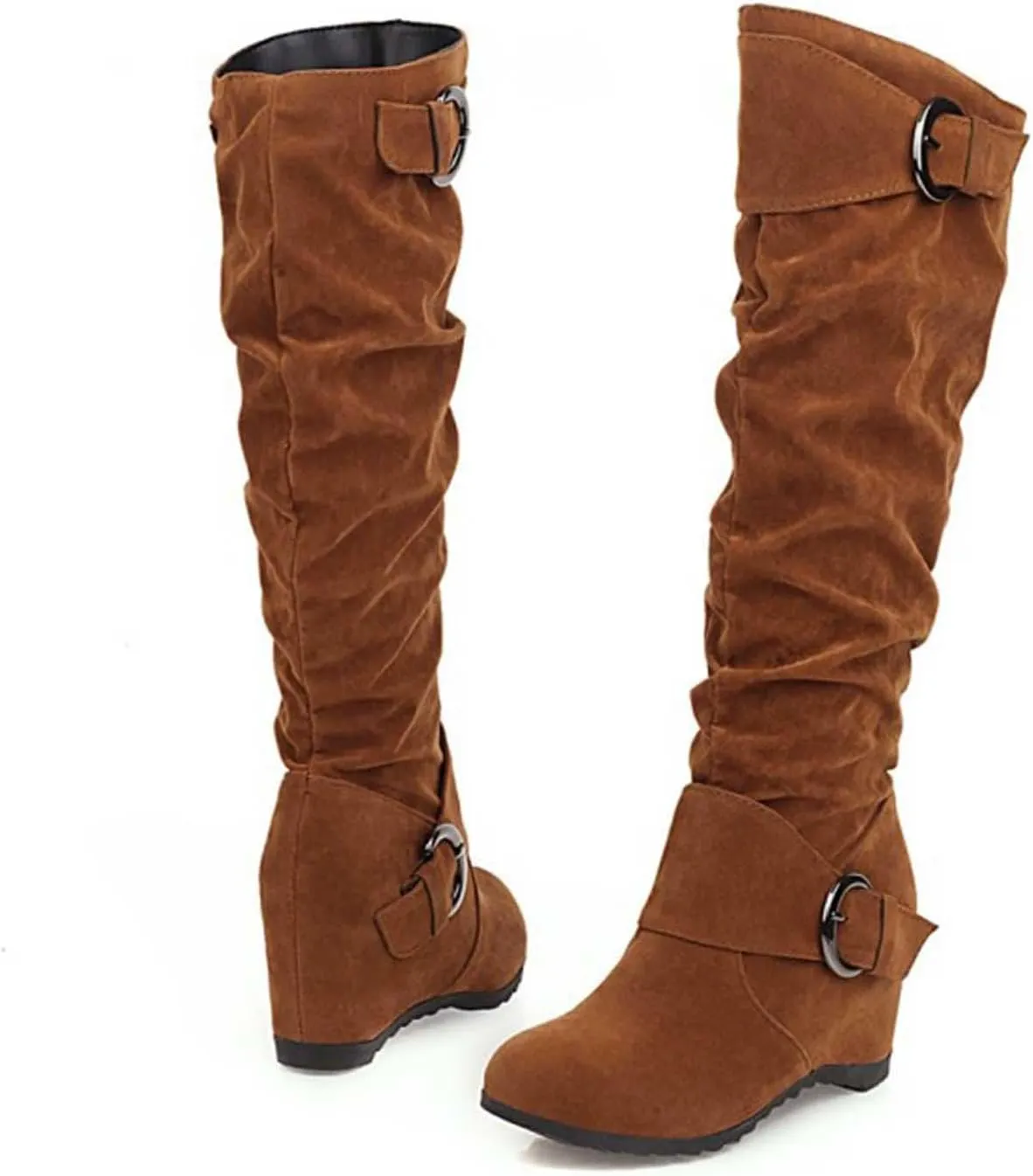 Women's Wedge Heel Knee High Boots High Heel Winter Boots Comfortable Pull on Slouch Buckle Riding Boots