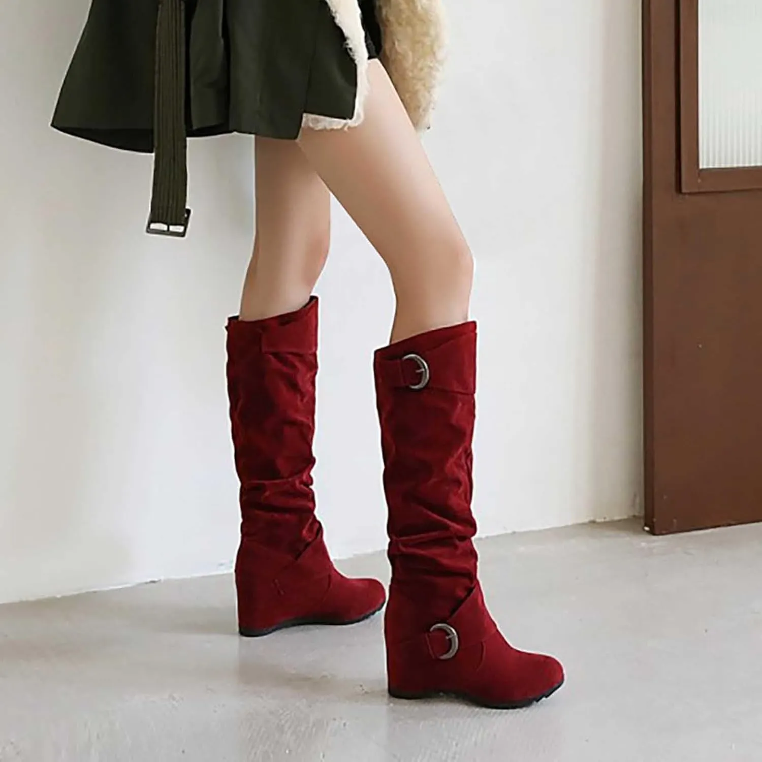 Women's Wedge Heel Knee High Boots High Heel Winter Boots Comfortable Pull on Slouch Buckle Riding Boots