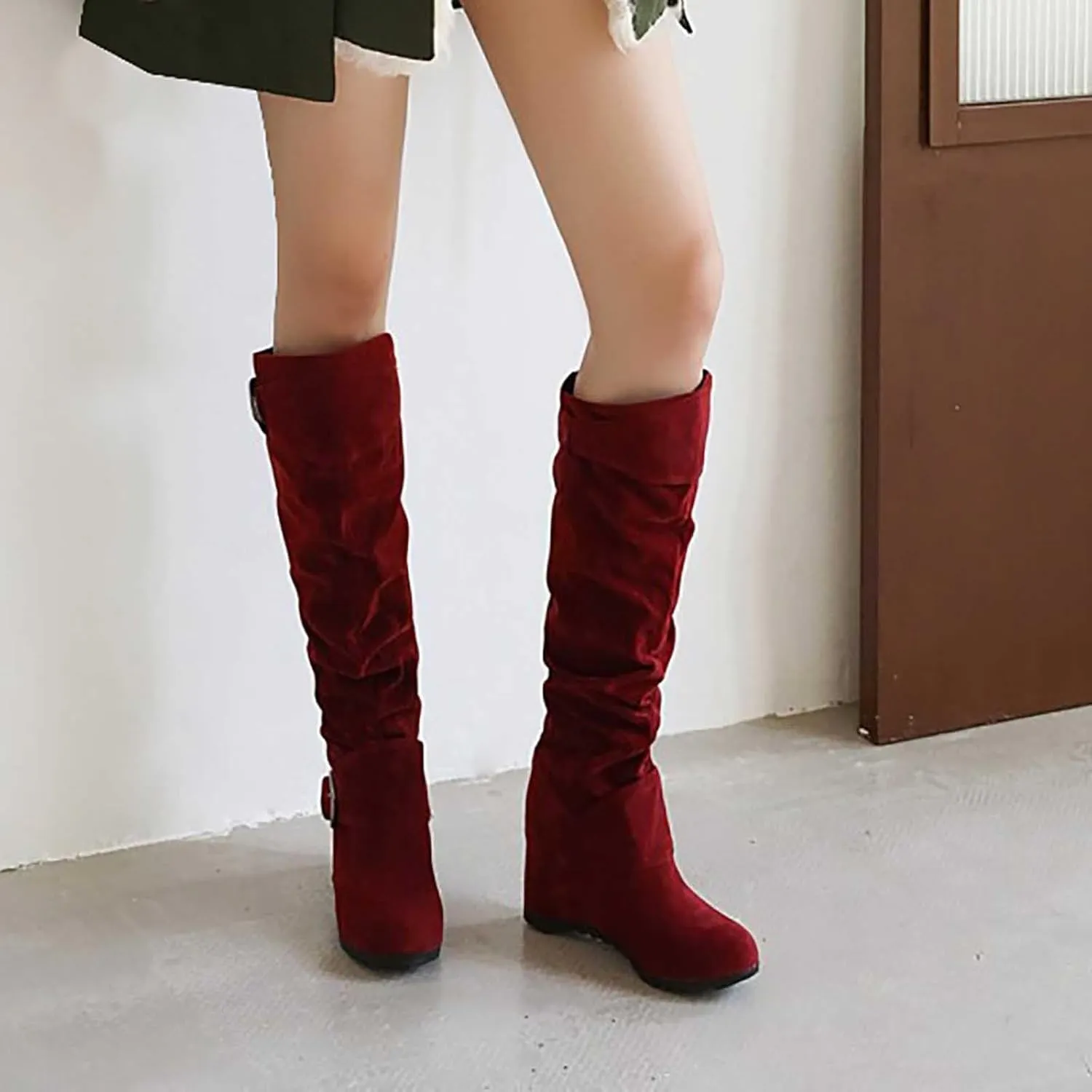 Women's Wedge Heel Knee High Boots High Heel Winter Boots Comfortable Pull on Slouch Buckle Riding Boots