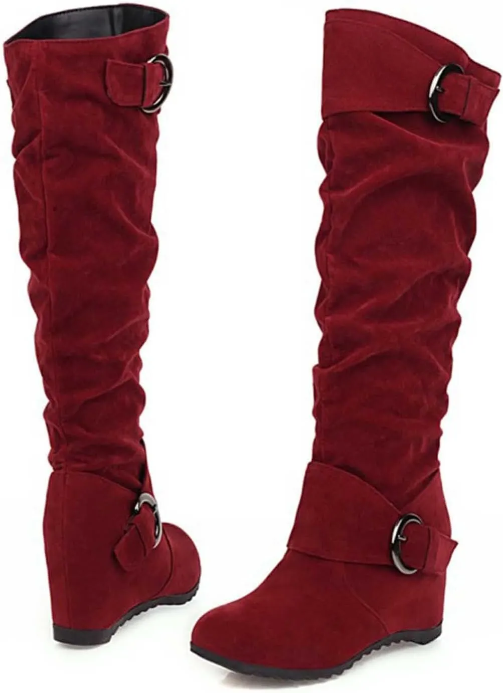 Women's Wedge Heel Knee High Boots High Heel Winter Boots Comfortable Pull on Slouch Buckle Riding Boots
