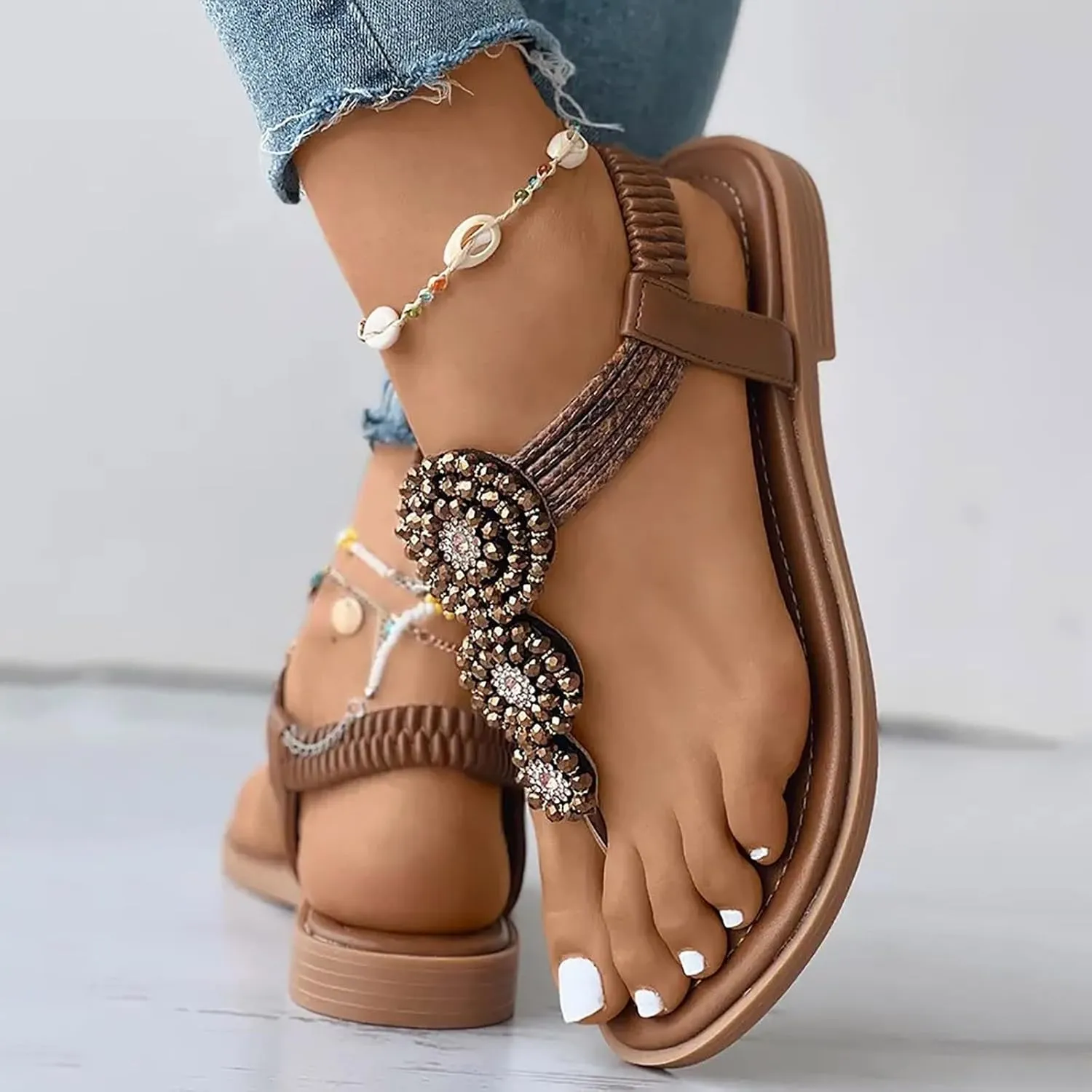 Womens Wedges Sandals Elastic Ankle Strap Casual Beach Shoes Slingback Toe Bohemian Beaded Womens Bow Sandals Size 11