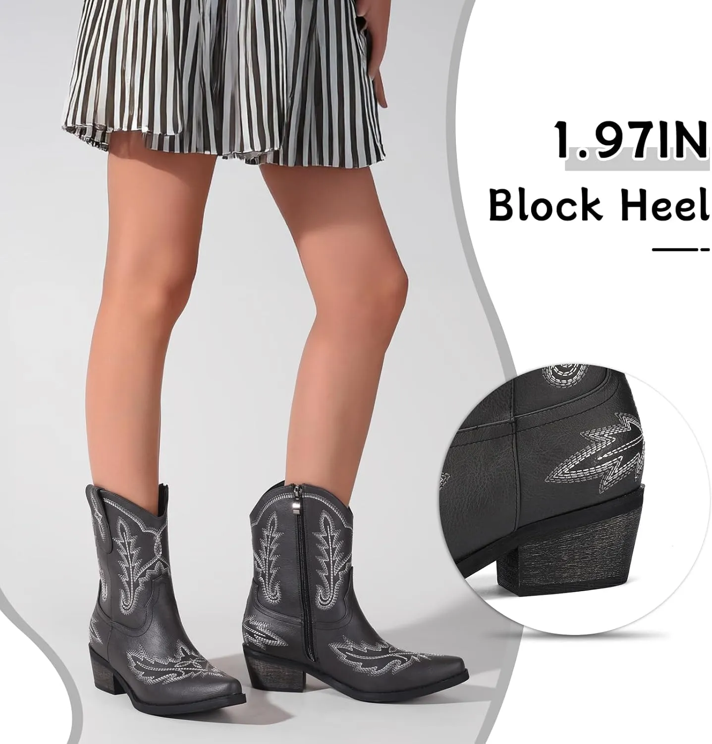 Women's Western Cowboy Booties Fashion Black Cowgirl Boots with Low Block Heel Embroidery Short Ankle Boots Walking Boots for Country Concert Disco Outfits