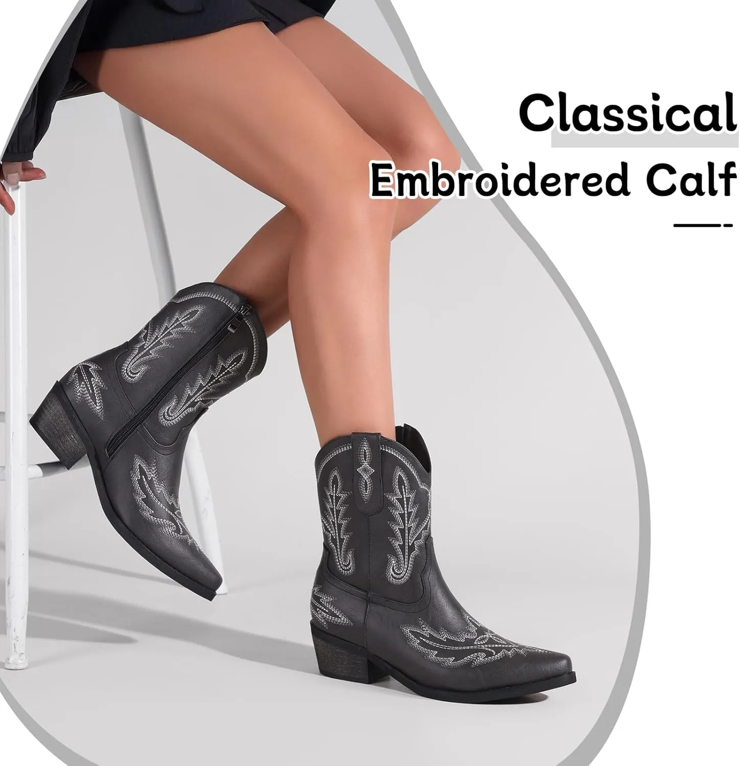 Women's Western Cowboy Booties Fashion Black Cowgirl Boots with Low Block Heel Embroidery Short Ankle Boots Walking Boots for Country Concert Disco Outfits