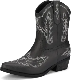 Women's Western Cowboy Booties Fashion Black Cowgirl Boots with Low Block Heel Embroidery Short Ankle Boots Walking Boots for Country Concert Disco Outfits