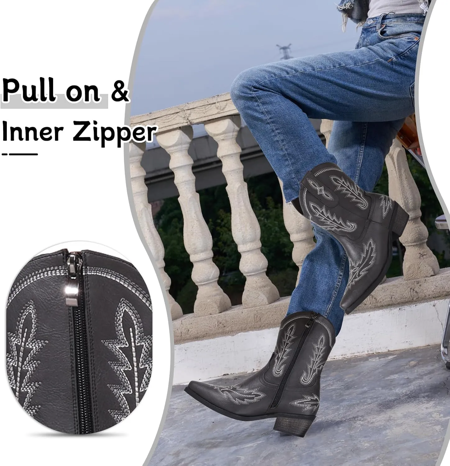 Women's Western Cowboy Booties Fashion Black Cowgirl Boots with Low Block Heel Embroidery Short Ankle Boots Walking Boots for Country Concert Disco Outfits