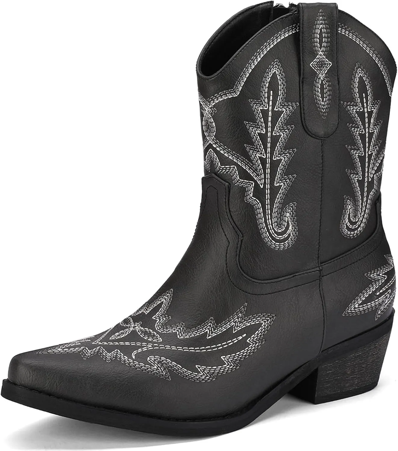 Women's Western Cowboy Booties Fashion Black Cowgirl Boots with Low Block Heel Embroidery Short Ankle Boots Walking Boots for Country Concert Disco Outfits