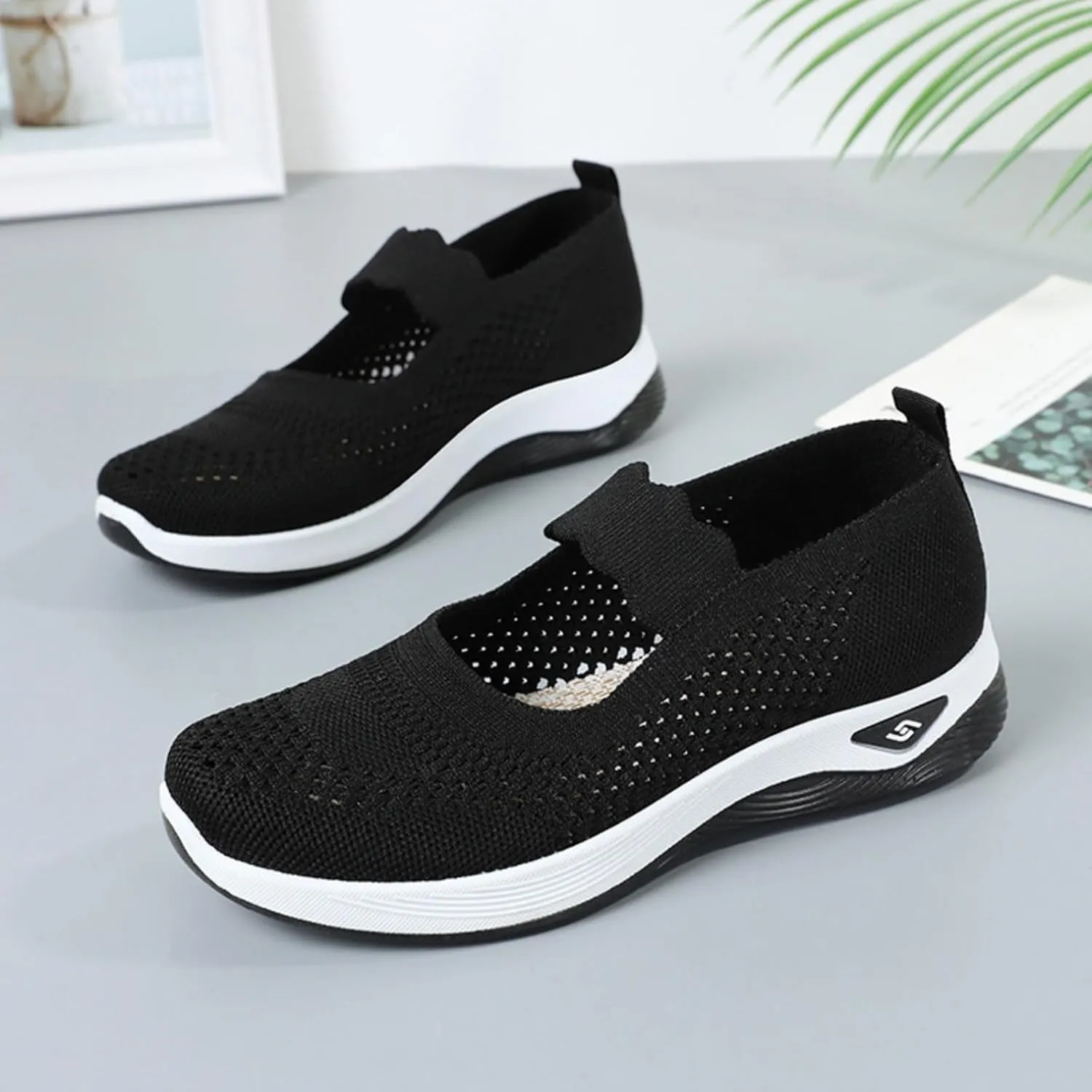 Women's Woven Orthopedic Breathable Soft Shoes Comfortable Walking Nurse Shoes Casual Diabetic Foam Shoe Go Walk Slip on Sneakers Lightweight Mesh Trainers Anti-Skid Sports Shoe with Arch Support