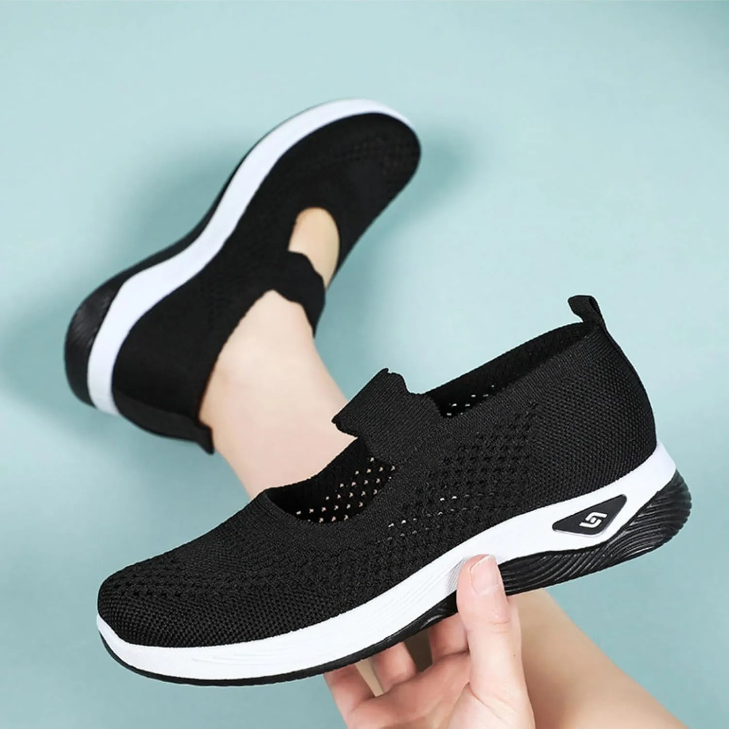 Women's Woven Orthopedic Breathable Soft Shoes Comfortable Walking Nurse Shoes Casual Diabetic Foam Shoe Go Walk Slip on Sneakers Lightweight Mesh Trainers Anti-Skid Sports Shoe with Arch Support