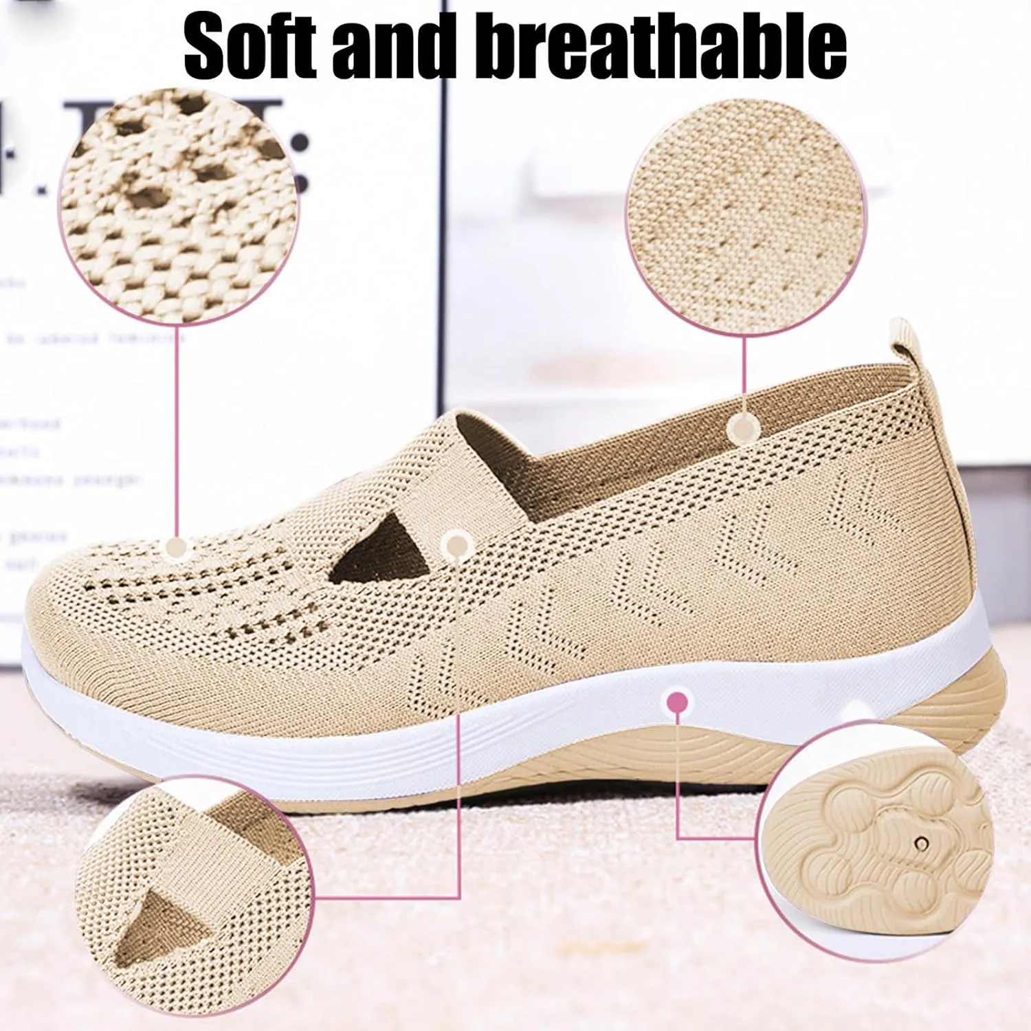 Women's Woven Orthopedic Shoes Breathable Lightweight Slip On Casual Shoes Soft Arch Support Walking Shoe Casual Air Cushion Athletic Sneakers Non-Slip Mesh Up Footwear