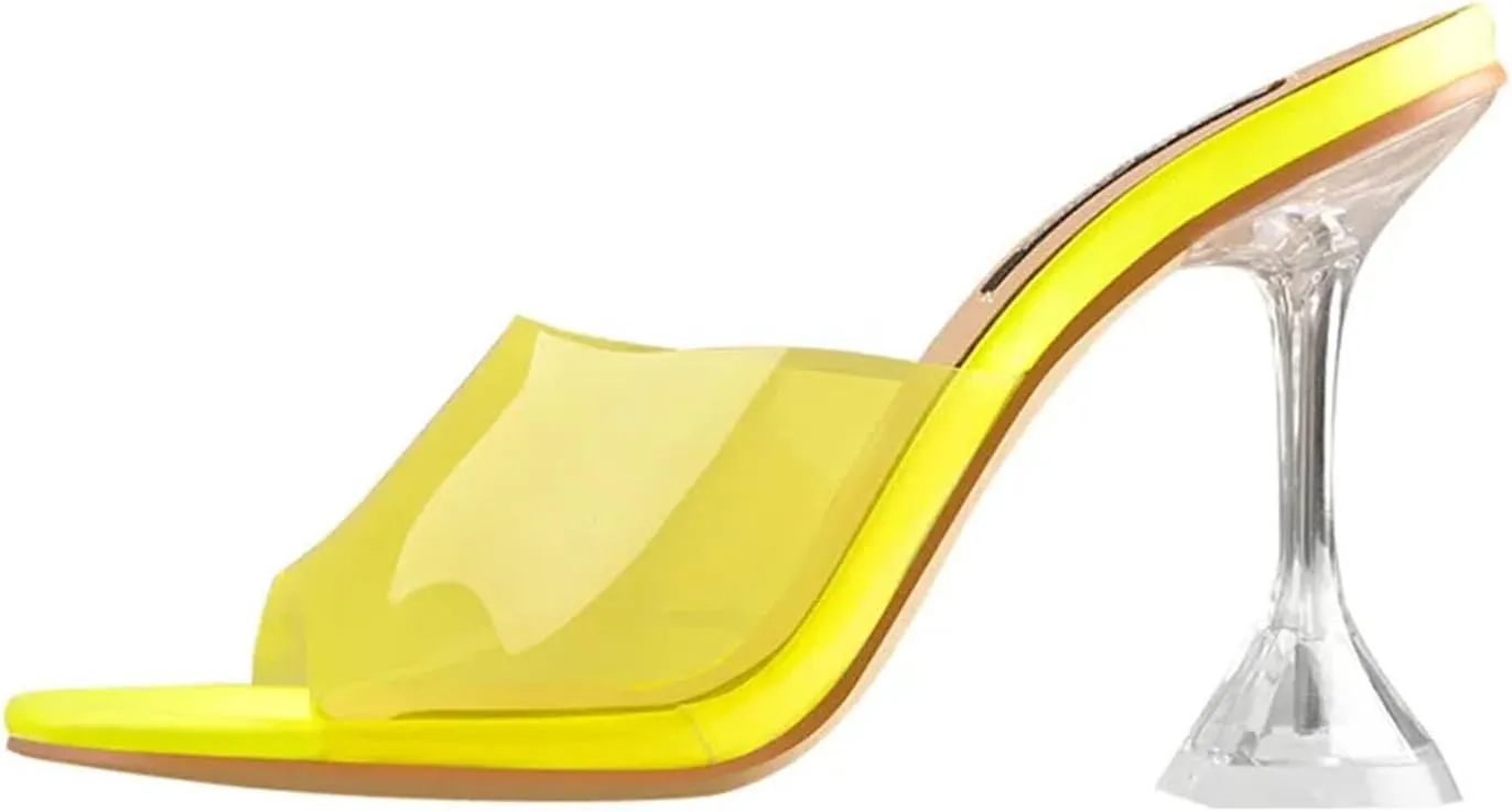Women's Yellow PVC Mules - Tapered Spike Heel Summer Sandals