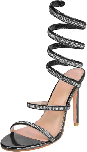 Womens's Rhinestone Sandals Sparkly Heels for Women Ankle Wrap Up Strappy Shoes