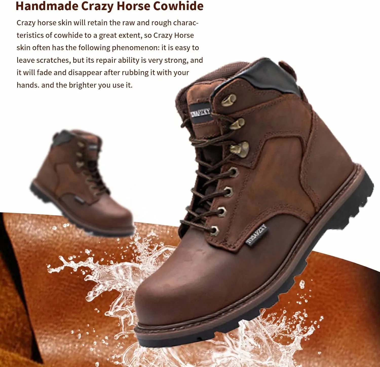 Work Safety Boots for Men Durable Crazy-Horse Leather Indestructible Steel Toe Waterproof and Non-Slip Better Warmth Men Work Shoes