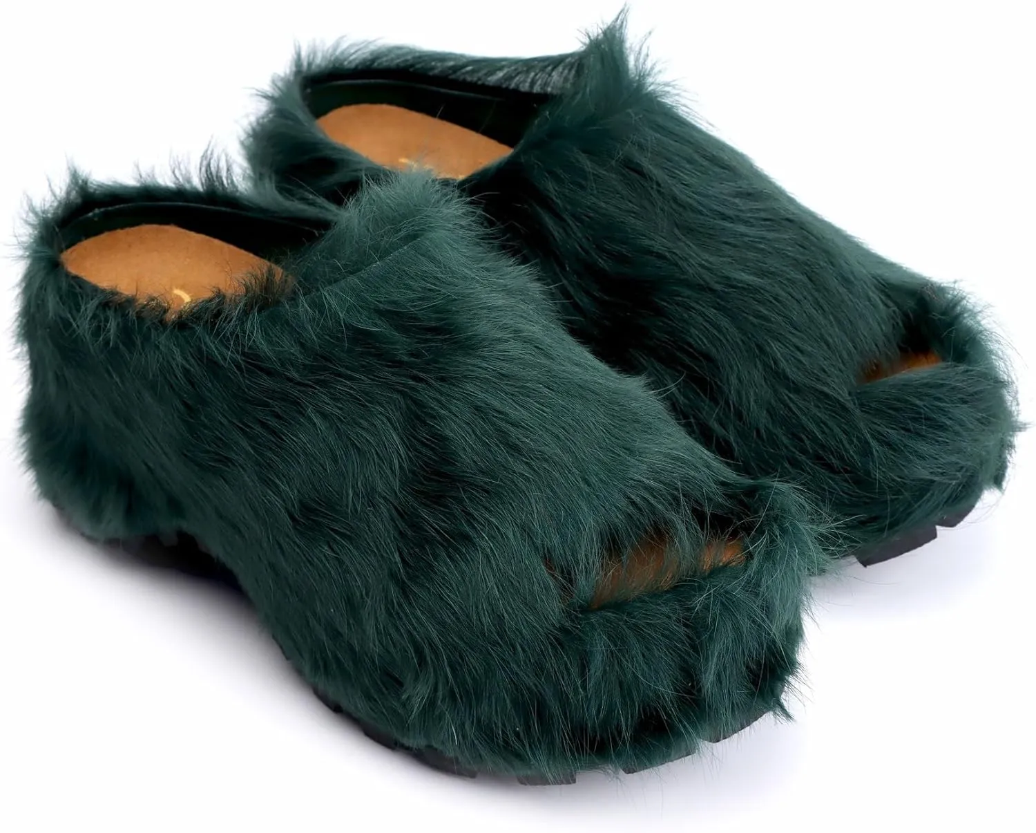 XOBZJH Long-Hair Calfskin Chunky Clog Slide for Women - Memory Foam Luxury Slip on Shoes Women's Mules & Platform Clogs,Designer Mules for Women 2024
