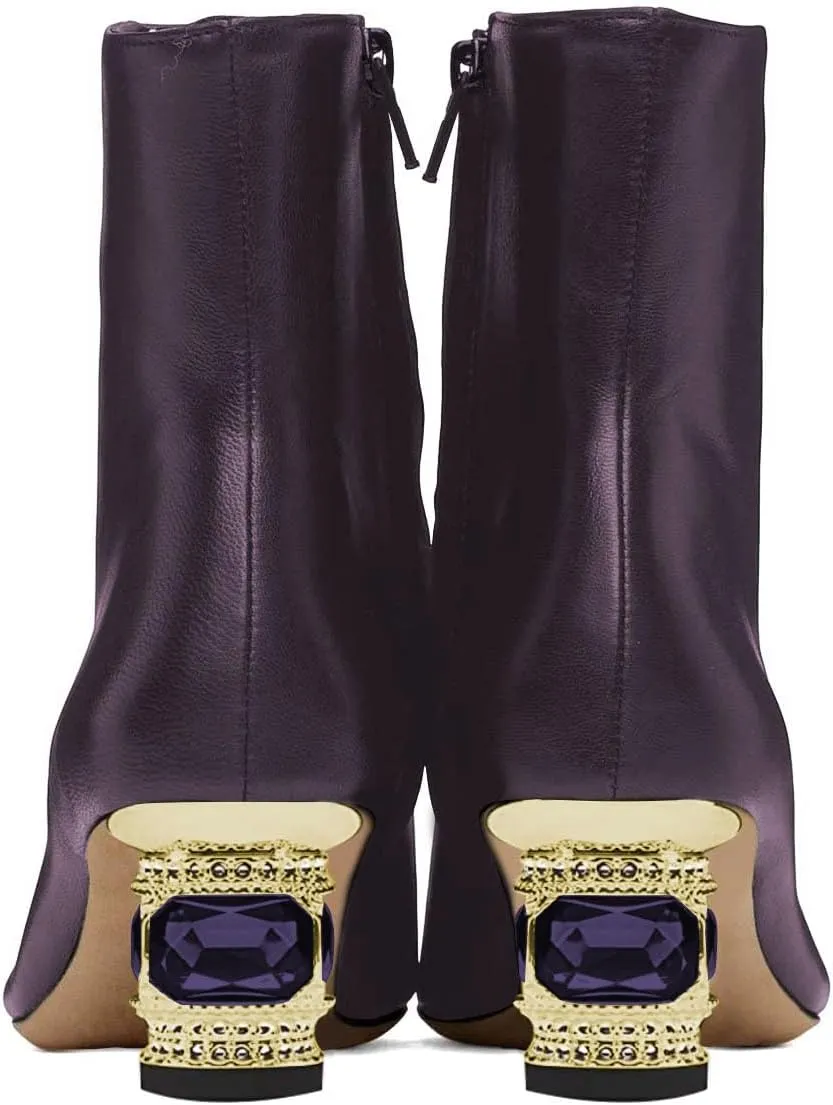 XYD Women Gorgeous Low Chunky Crystal Gem Heel Ankle Boots Closed Square Toe Short Bootie Side Zip Party Ballroom Dress Shoes