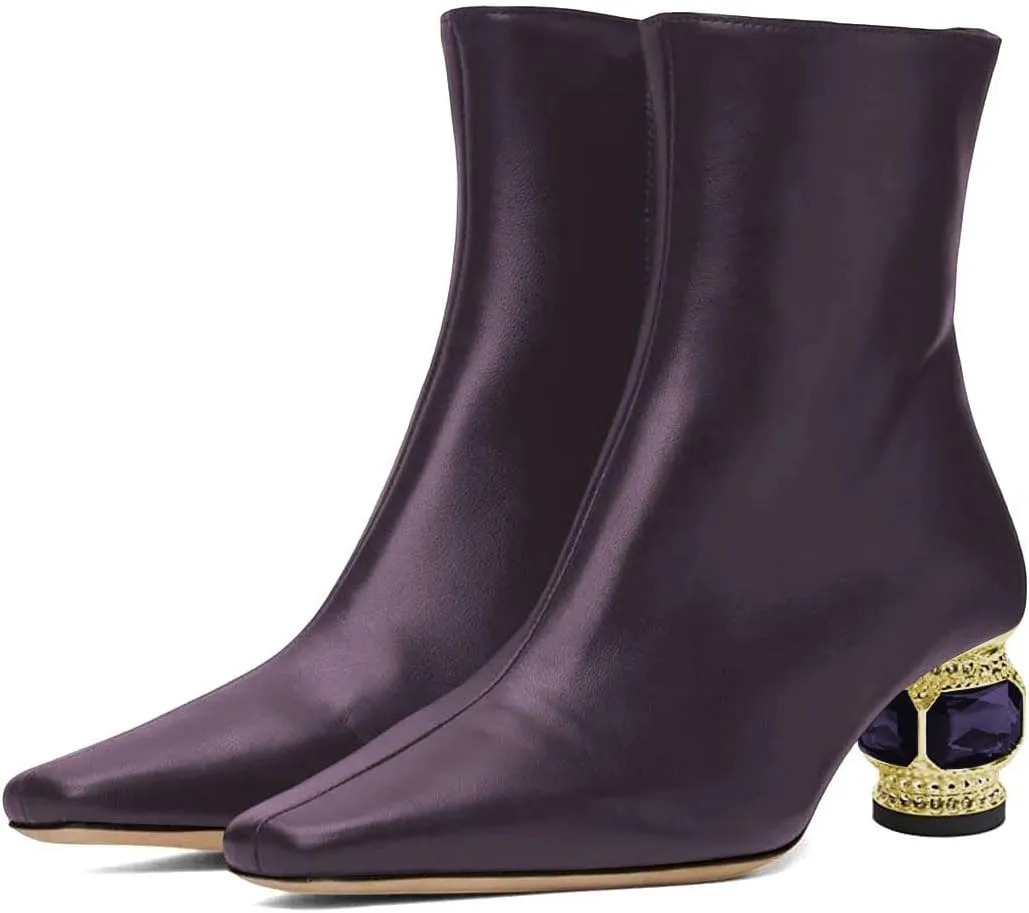 XYD Women Gorgeous Low Chunky Crystal Gem Heel Ankle Boots Closed Square Toe Short Bootie Side Zip Party Ballroom Dress Shoes