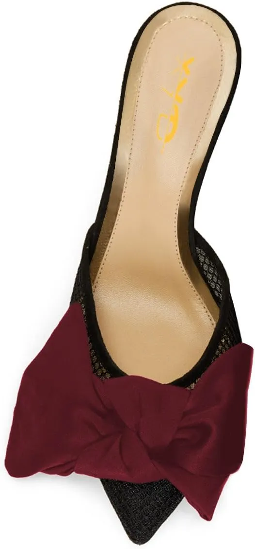 XYD Women Mule Slide Sandals Mesh Slip On Pointed Toe Low Kitten Heel Backless Slippers with Bows