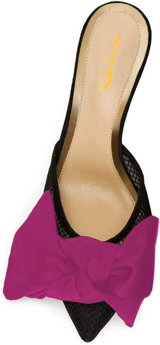 XYD Women Mule Slide Sandals Mesh Slip On Pointed Toe Low Kitten Heel Backless Slippers with Bows