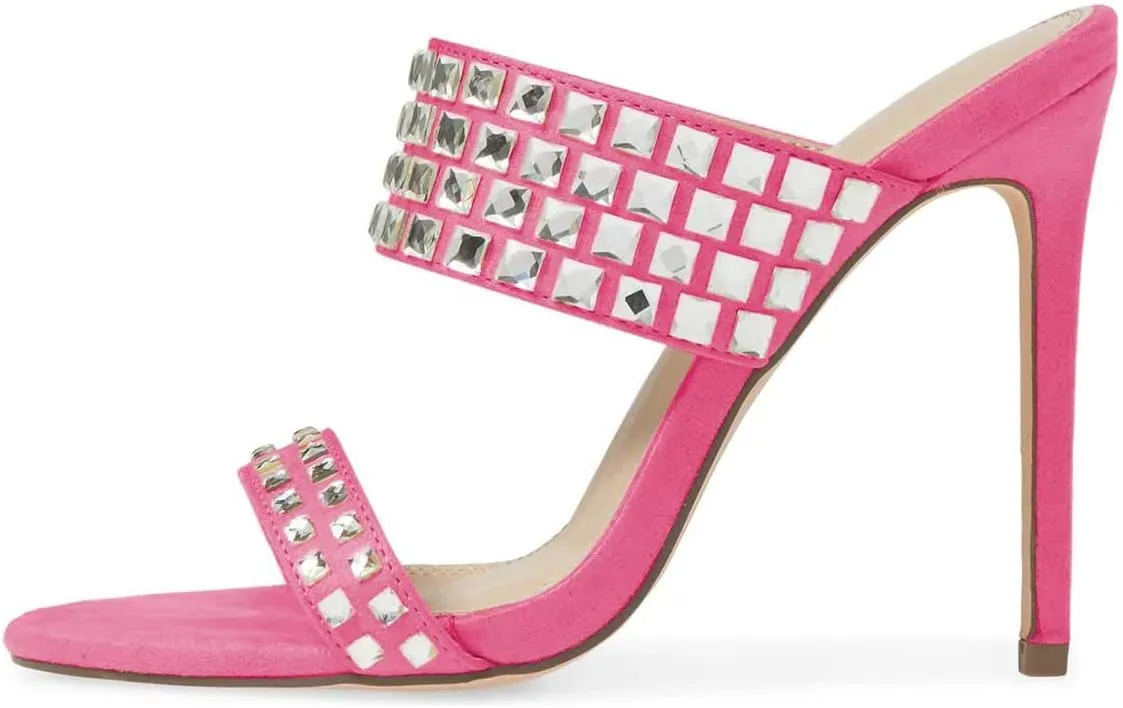 XYD Women Open Toe Slip On Mules High Heel Summer Sandals Diamond Studded Evening Party Shoes
