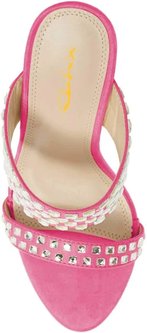 XYD Women Open Toe Slip On Mules High Heel Summer Sandals Diamond Studded Evening Party Shoes
