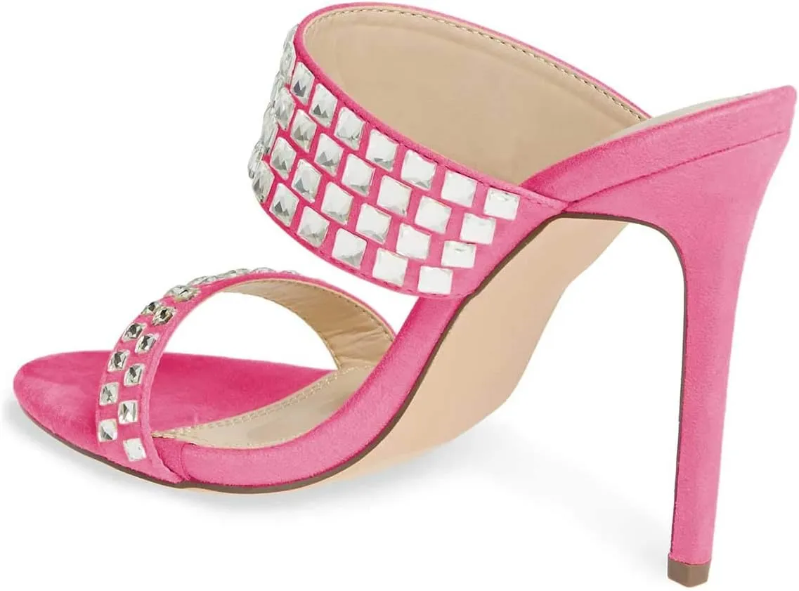 XYD Women Open Toe Slip On Mules High Heel Summer Sandals Diamond Studded Evening Party Shoes