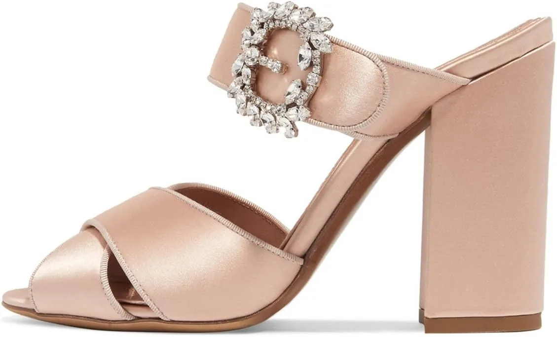 XYD Women Peep Toe Chunky High Heels Slide Sandals Satin Mules Pumps with Rhinestones Buckle