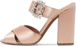 XYD Women Peep Toe Chunky High Heels Slide Sandals Satin Mules Pumps with Rhinestones Buckle