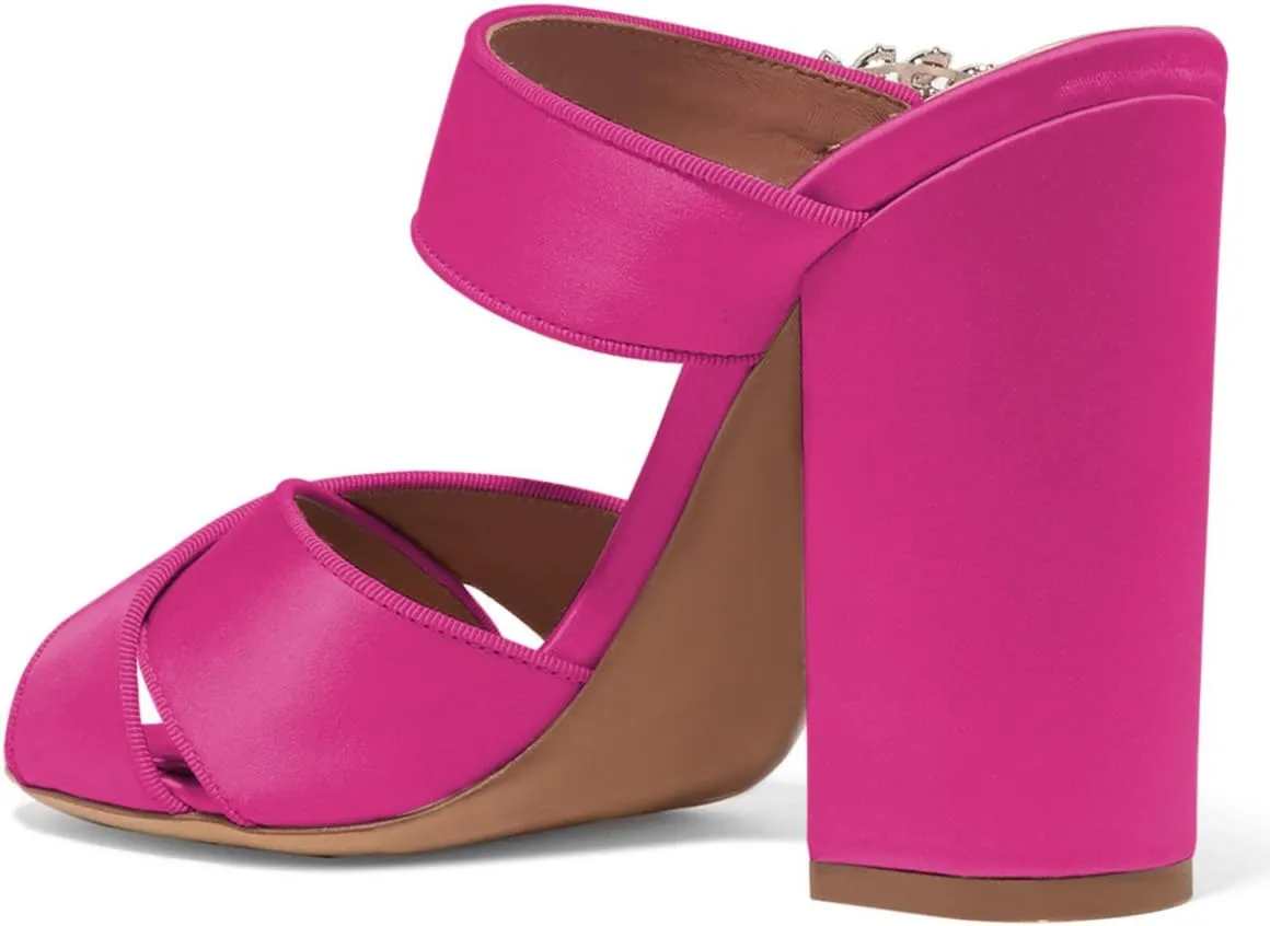 XYD Women Peep Toe Chunky High Heels Slide Sandals Satin Mules Pumps with Rhinestones Buckle