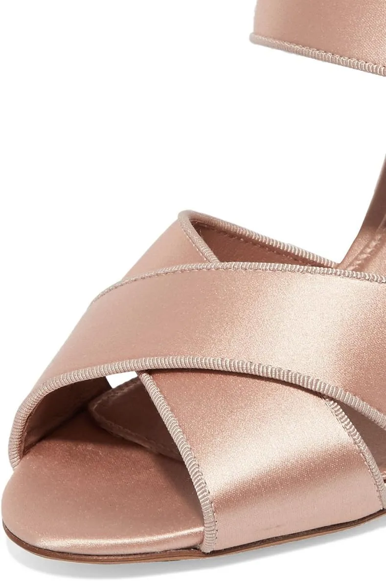 XYD Women Peep Toe Chunky High Heels Slide Sandals Satin Mules Pumps with Rhinestones Buckle