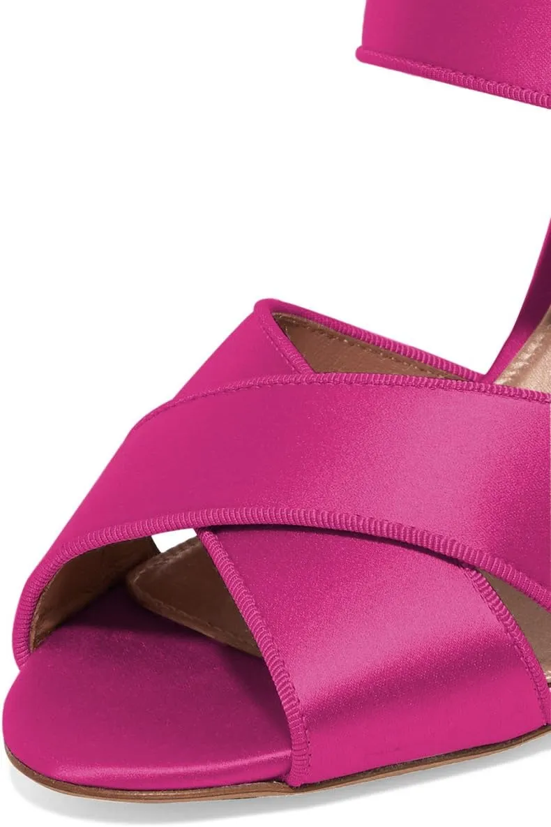 XYD Women Peep Toe Chunky High Heels Slide Sandals Satin Mules Pumps with Rhinestones Buckle