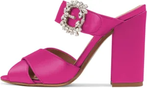 XYD Women Peep Toe Chunky High Heels Slide Sandals Satin Mules Pumps with Rhinestones Buckle