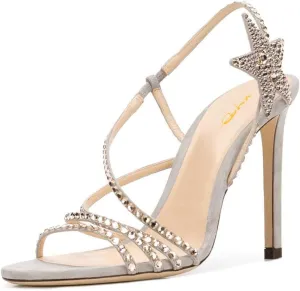 XYD Women Rhinestones Open Toe Strappy High Heel Sandals Side Star Slip On Slingback Evening Dress Shoes