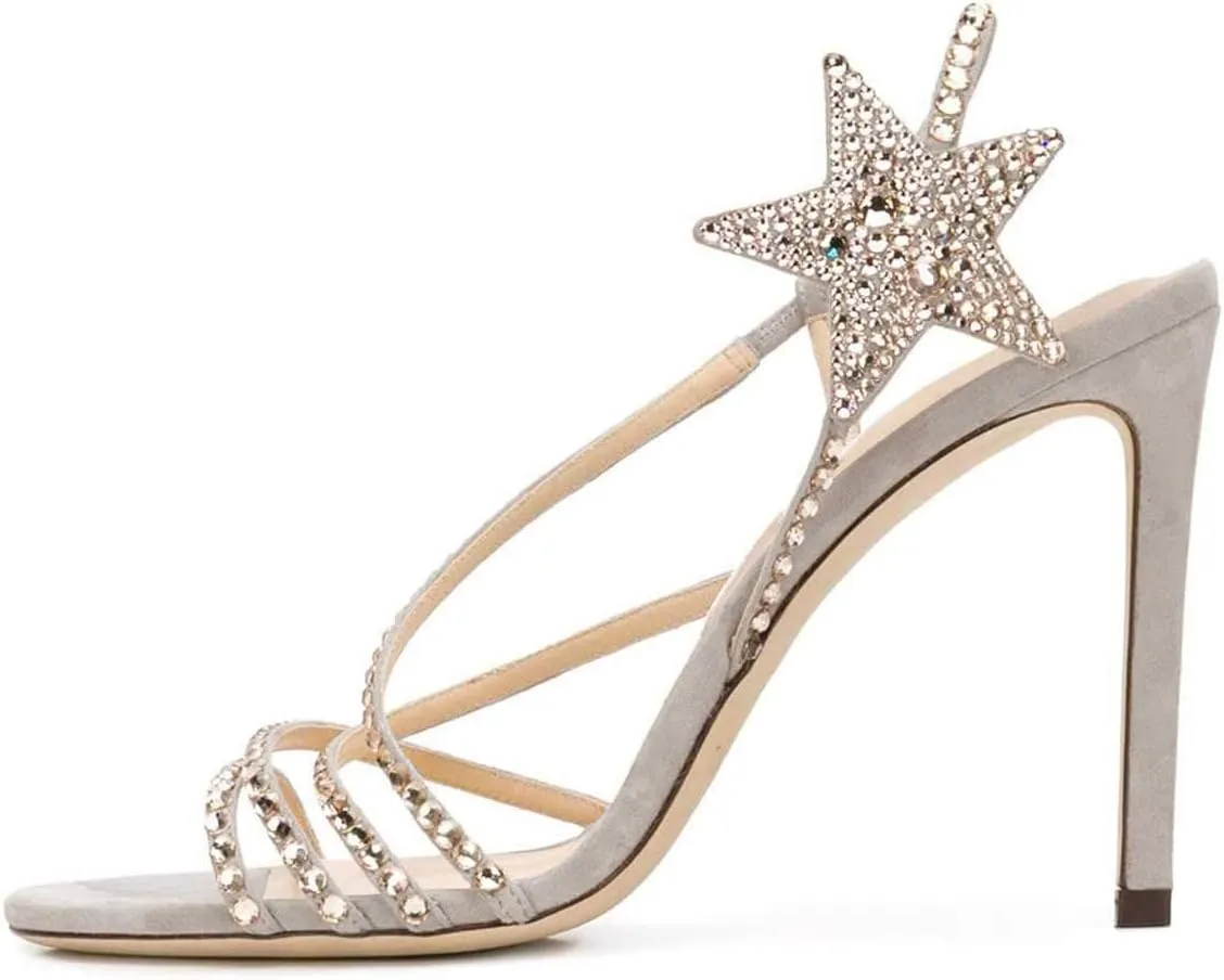 XYD Women Rhinestones Open Toe Strappy High Heel Sandals Side Star Slip On Slingback Evening Dress Shoes